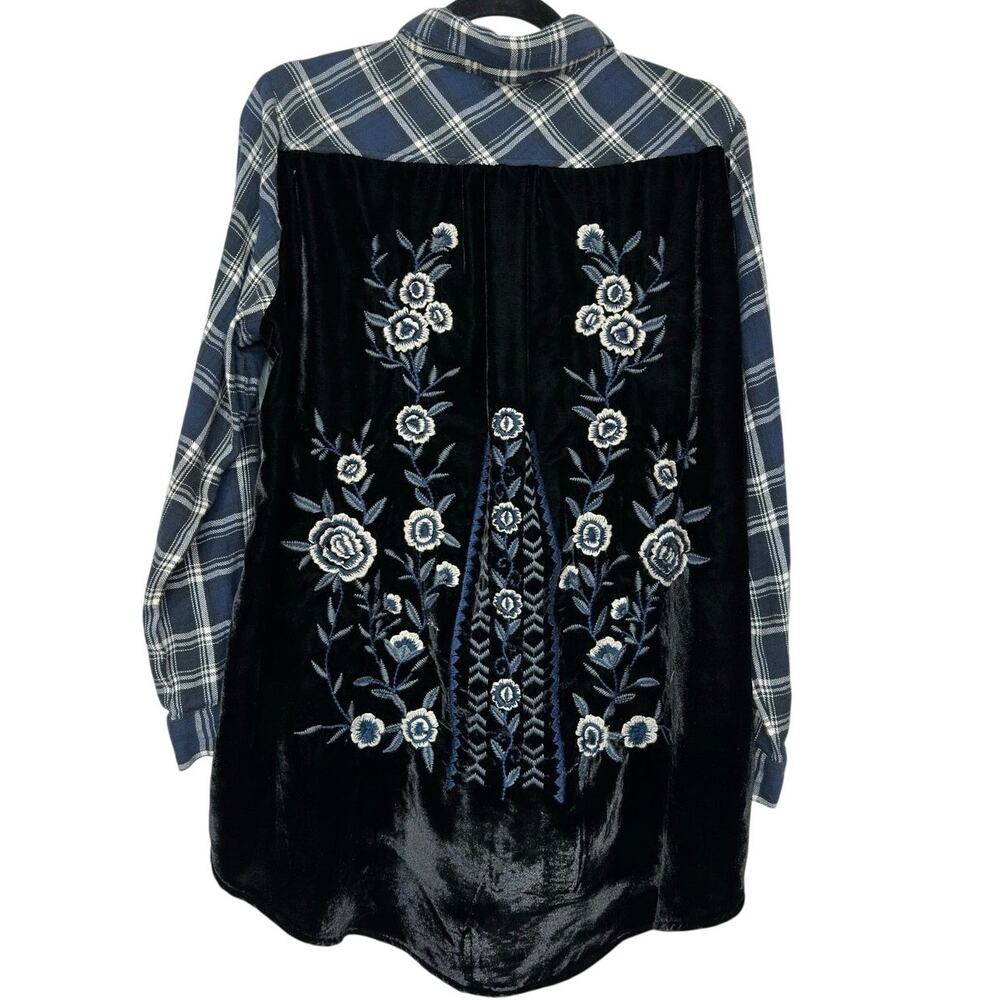 Kyla Seo Blue Plaid Button Down Shirt M Embroidered Velvet Floral Western Chic